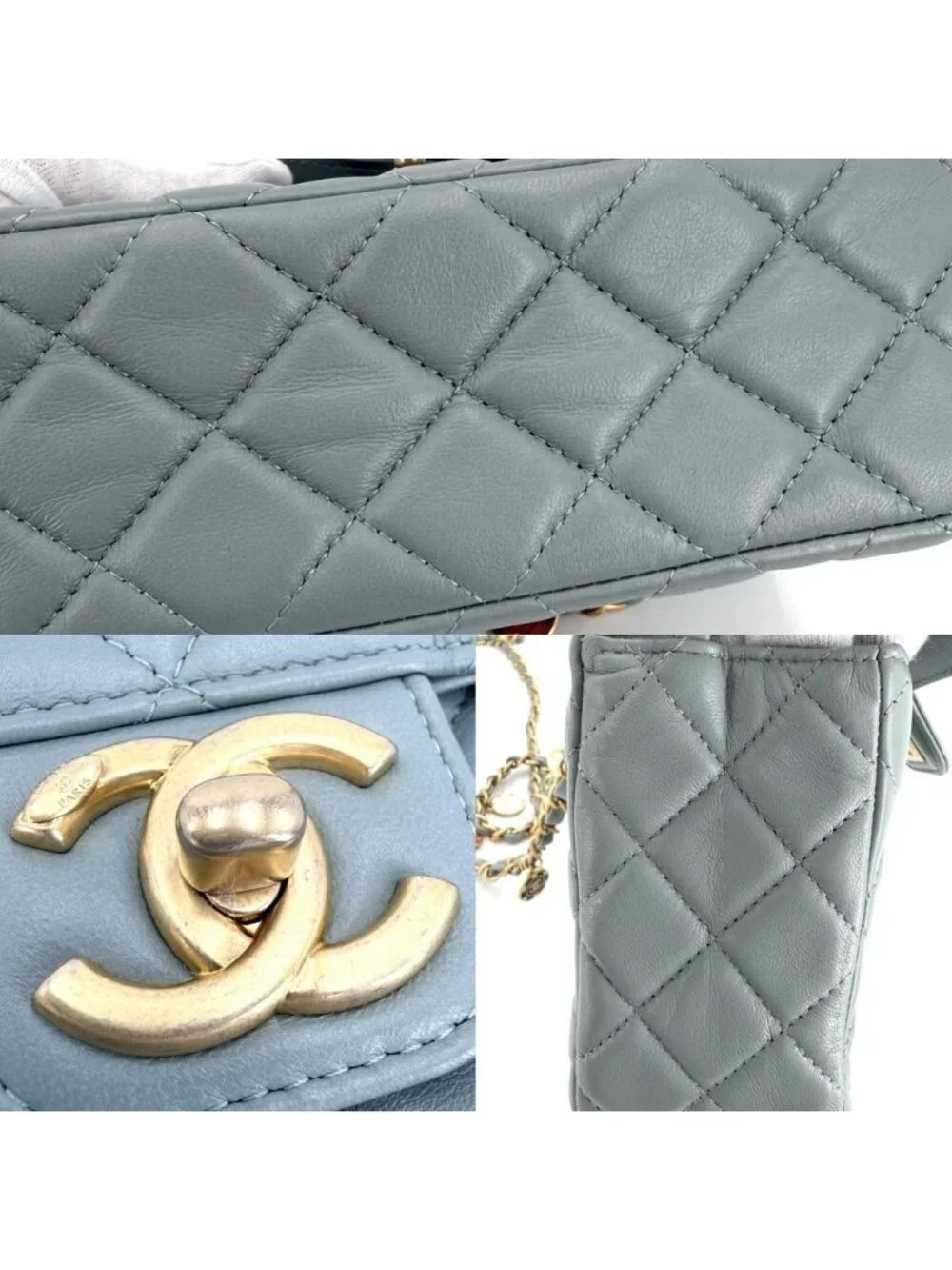 Chanel Shoulder Bag Quilted CC Logo Charm Lambskin Green Gold